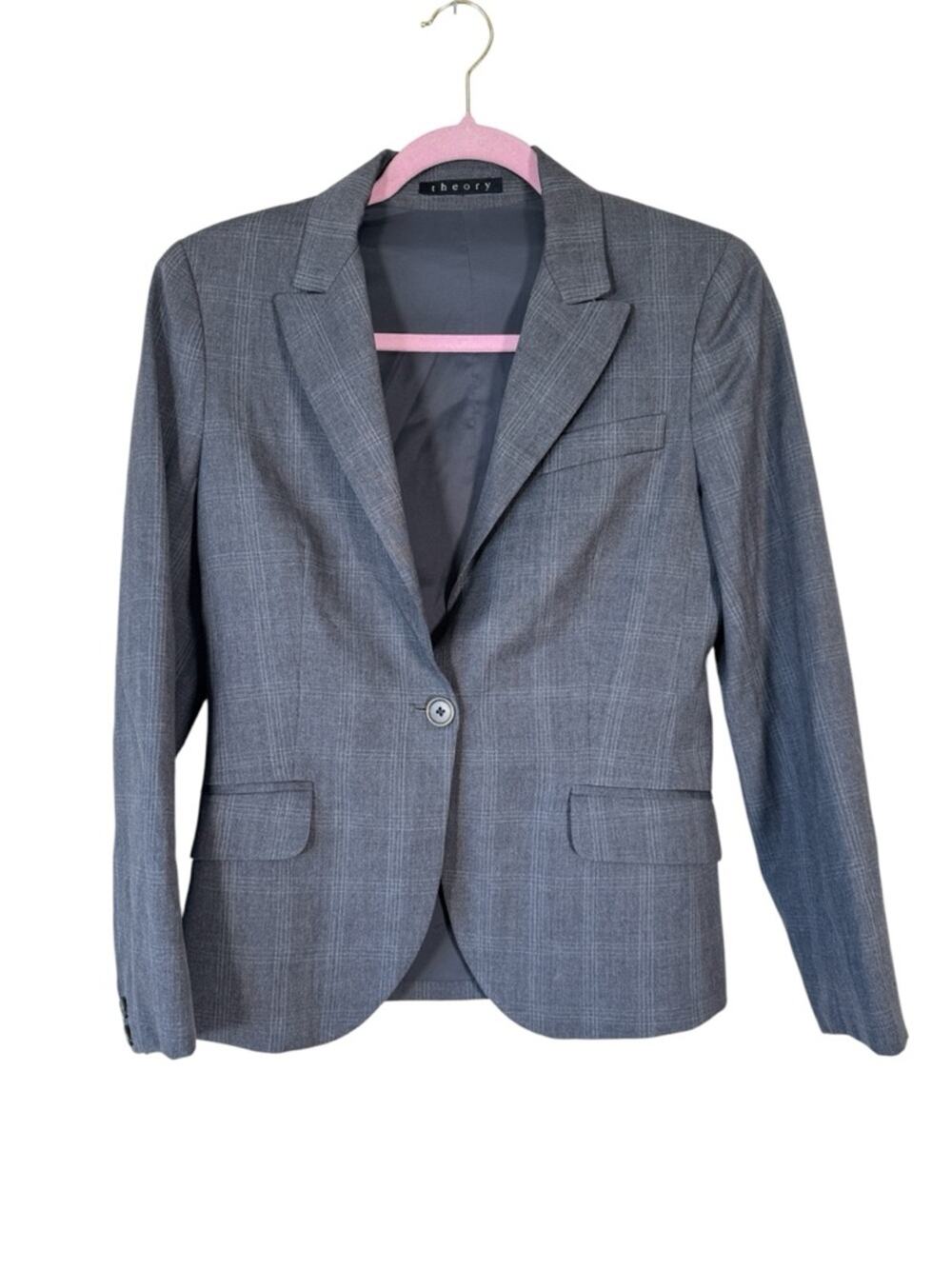 Theory Grey Plaid Fitted Blazer Jacket Womens M Preppy Corpcore Academia Work